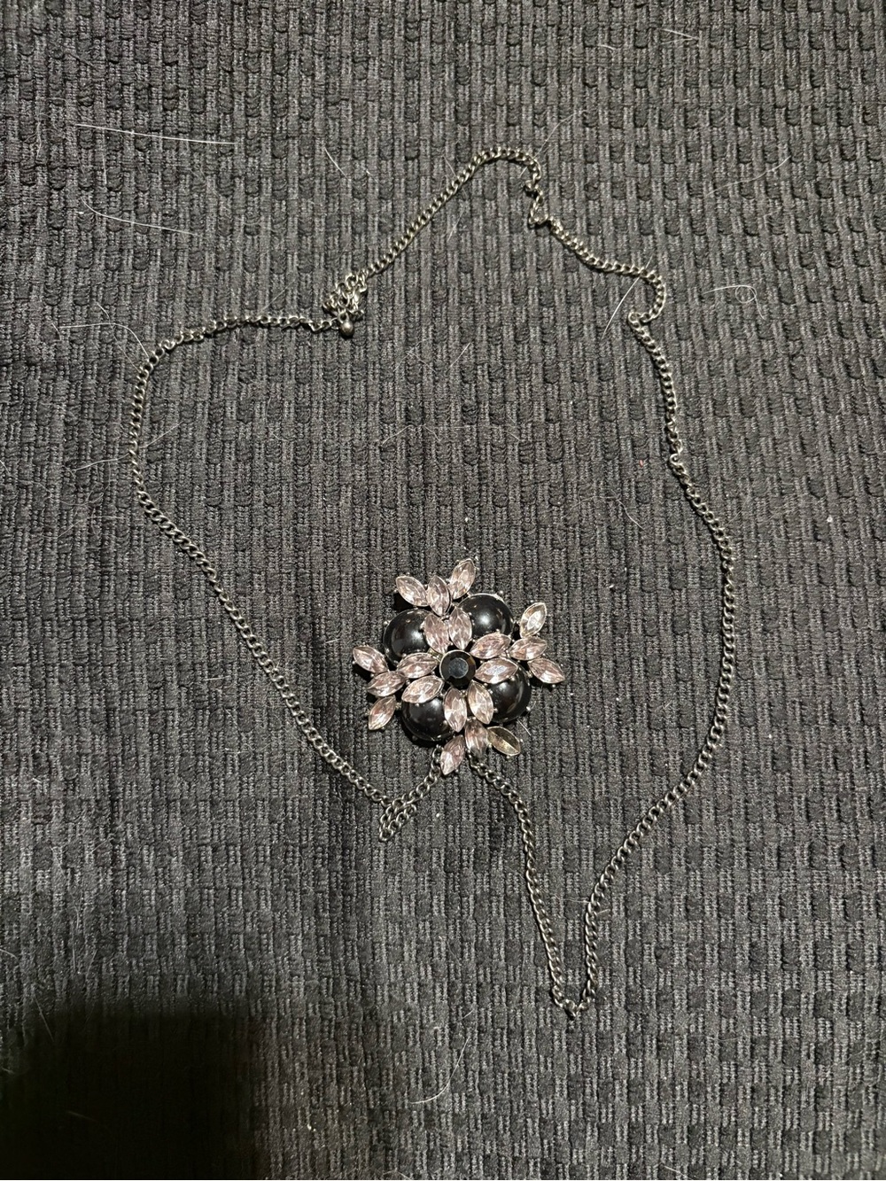 Silver Chain Necklace with Black and Light Pink Flower Pendant